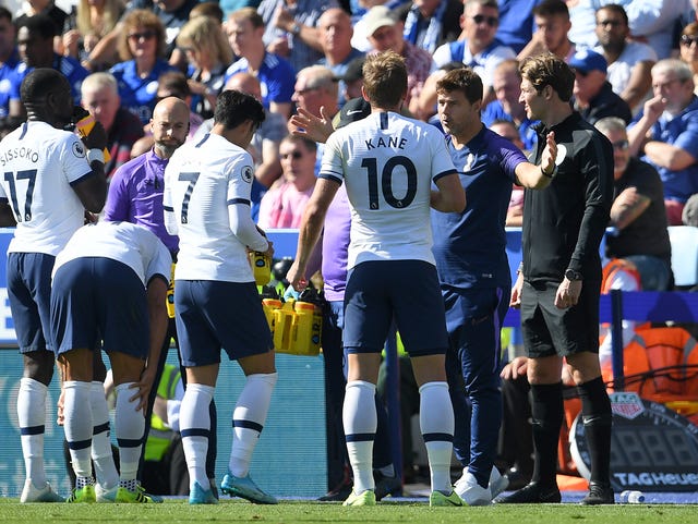 Tottenham's Harry Kane speaks with Mauricio Pochettino on the touchline