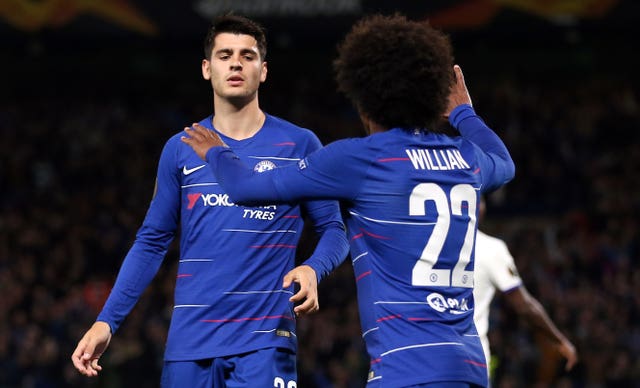 A goal from Alvaro Morata, left, was welcomed by Chelsea assistant boss Gianfranco Zola