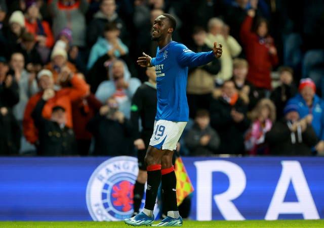 Abdallah Sima celebrates his goal against Dundee