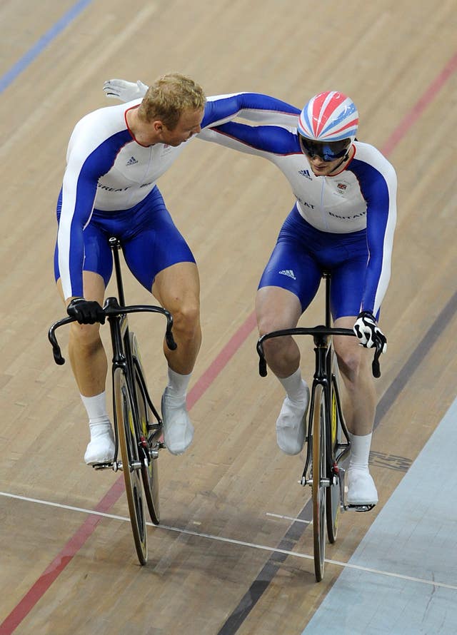 Sir Chris Hoy, right, and team-mate Jason Kenny after the sprint final in Beijing in 2008