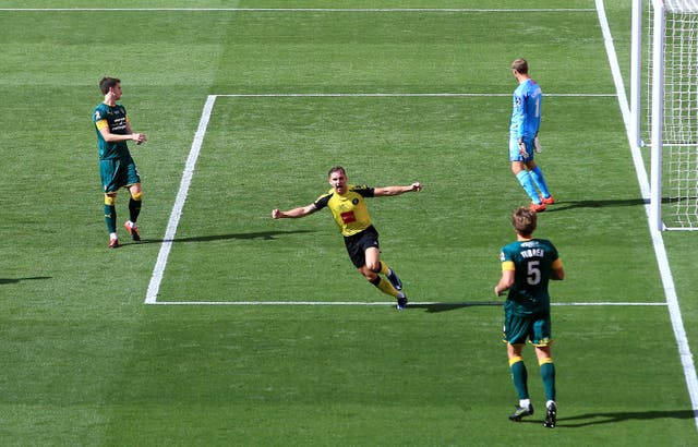 Harrogate''s Jack Diamond (centre) celebrates scoring his side’s third goal