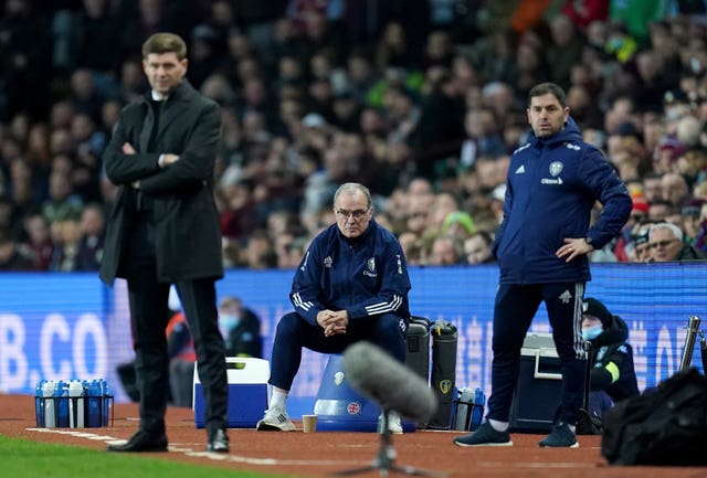 Marcelo Bielsa (centre) and Steven Gerrard (left) on the touchline