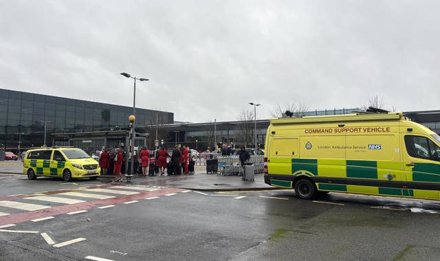 Emergency vehicles outside Heathrow Terminal 3 following the arrest