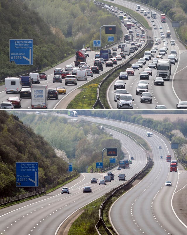 A composite photo of the M3 motorway near Winchester, Hampshire on Thursday (bottom) and on the Thursday before Easter 2019 (top) (Andrew Matthews/Steve Parsons/PA)