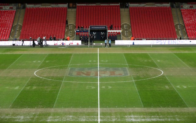 NFL signage on the pitch at Wembley before Tottenham played Manchester City