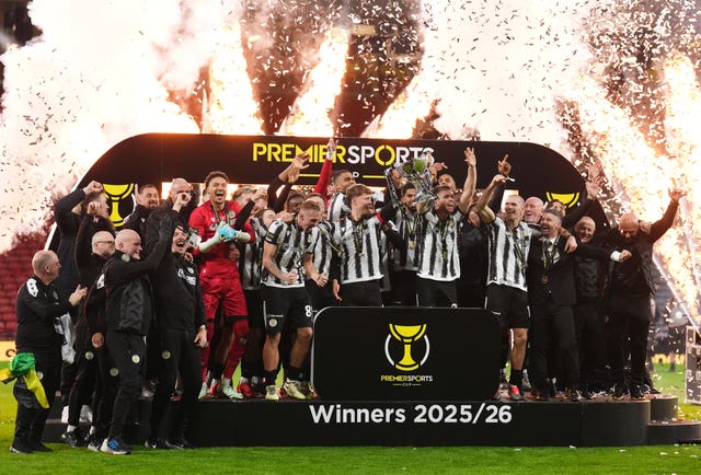 St Mirren players celebrate with the trophy