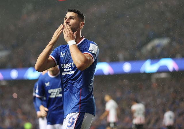 Rangers’ Antonio Colak celebrates scoring against PSV Eindhoven