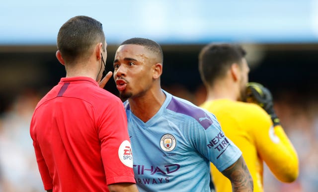 Gabriel Jesus appeals to referee Michael Oliver after his goal is ruled out 