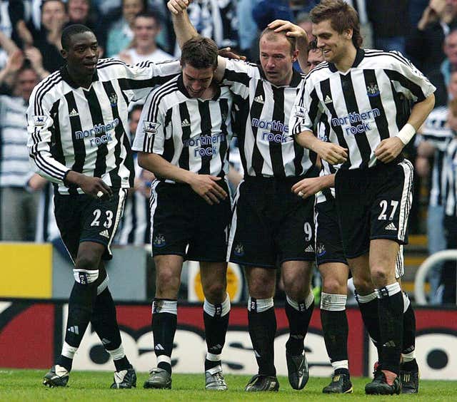 Newcastle’s Alan Shearer celebrates after scoring against Chelsea