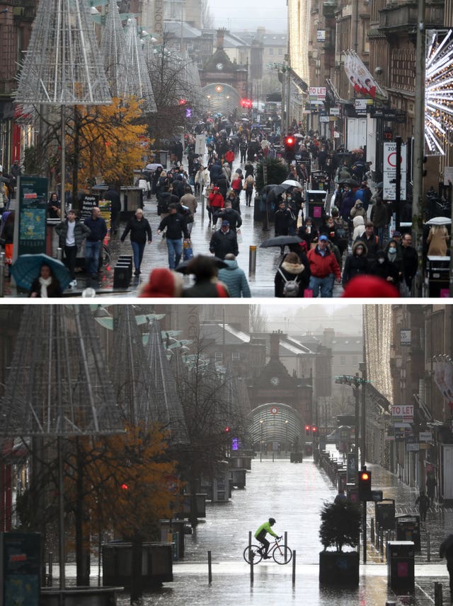A busy Buchanan Street in Glasgow on Fiday, compared with the view on Saturday, the first day after 11 local council areas in Scotland moved into Level 4 restrictions