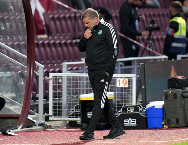 Celtic manager Ange Postecoglou looks frustrated after falling to a 2-1 defeat to Hearts in their cinch Premiership opener