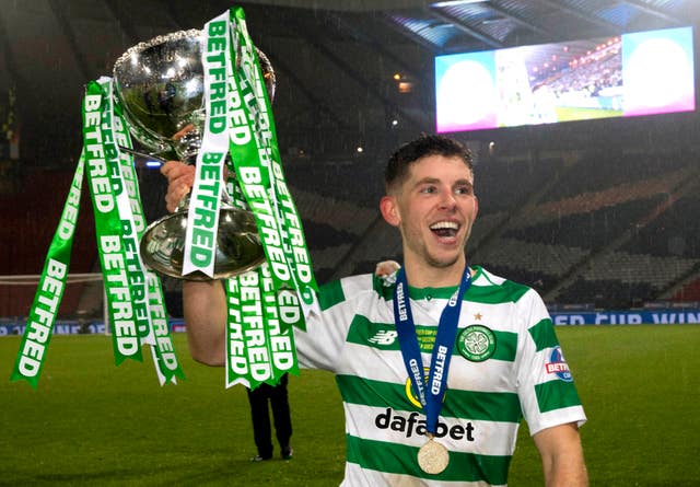 Ryan Christie celebrates after scoring the winner in the Betfred Cup final (Jeff Holmes/PA).