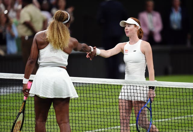 Serena Williams, left, shakes hands with Maya Joint