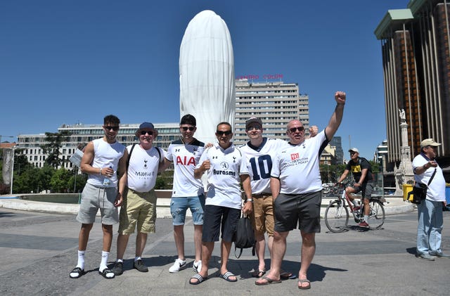 Tottenham Hotspur fans in Plaza de Colon in Madrid