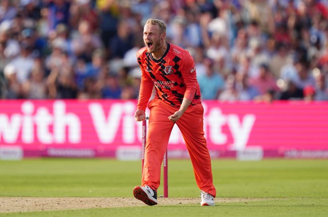 Lancashire Lightning’s Matt Parkinson celebrates taking the wicket of Hampshire Hawks’ Liam Dawson