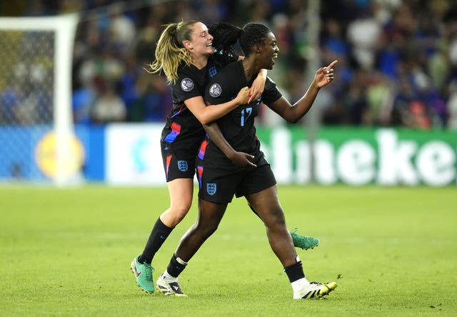 England’s Michelle Agyemang, right, celebrates her equaliser against Italy
