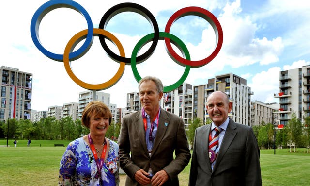 Tessa Jowell with former PM Tony Blair and Sir Charles Allen, mayor of the Olympic Athletes village, during London 2012 (John Stillwell/PA)