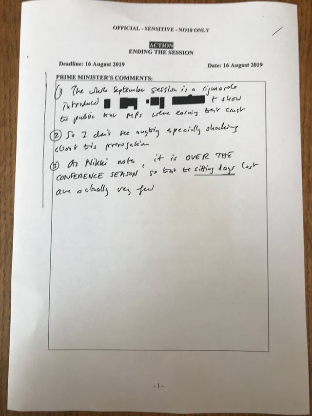 One of the redacted pages from documents about the planned prorogation of Parliament 