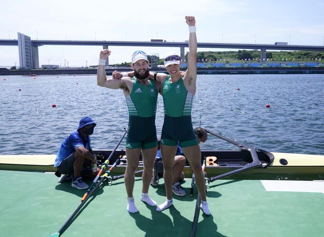 Paul O’Donovan and Fintan McCarthy celebrate victory