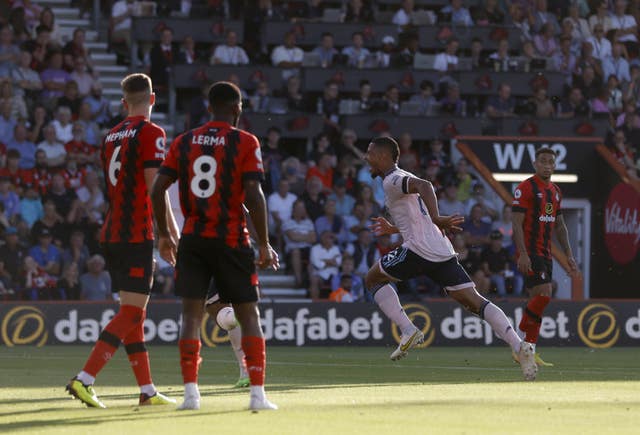 William Saliba celebrates scoring Arsenal's third goal of the game at Bournemouth.