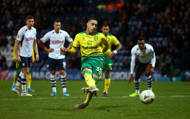 Norwich's Adam Idah completes his hat-trick from the penalty spot against Preston