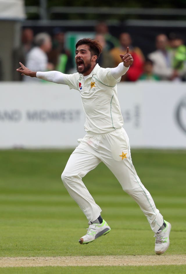 Mohammad Amir celebrates the wicket of Niall O’Brien during this month's Test match against Ireland in Dublin