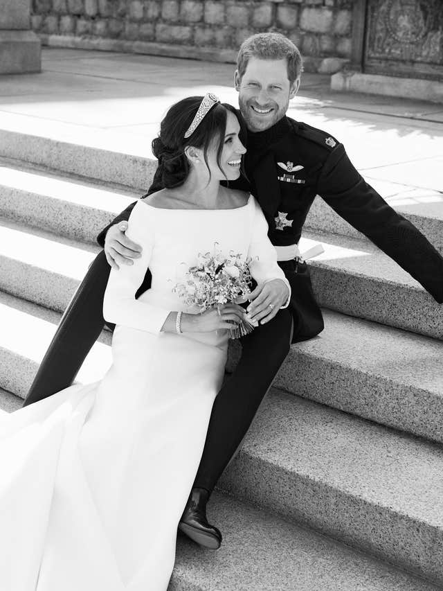 Meghan and Harry on the east terrace of Windsor Castle