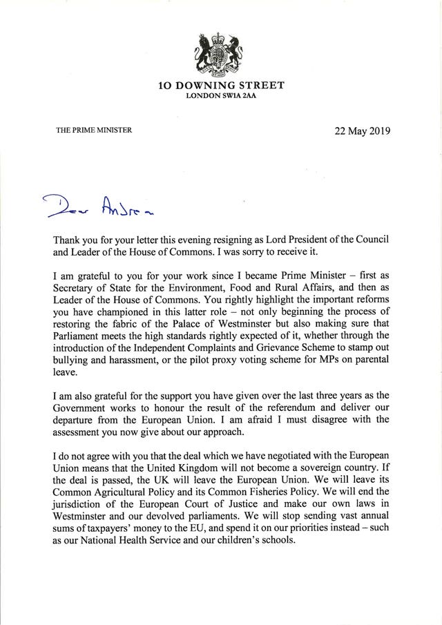 Page one of the reply from Prime Minister Theresa May to Andrea Leadsom 