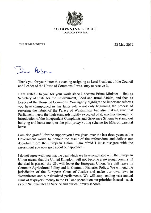 Page one of the reply from Prime Minister Theresa May to Andrea Leadsom