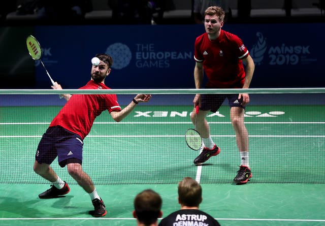 Chris Langridge, left, and Marcus Ellis in the European Games men's doubles badminton final