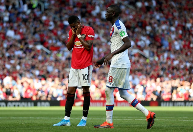Marcus Rashford reacts after missing a penalty in Manchester United's home defeat to Crystal Palace