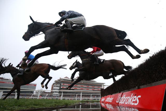 Santini and Nico de Boinville clear the water jump at Newbury (Julian Herbert/PA)