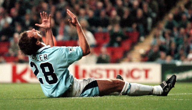 Uwe Rosler looks to the heavens after shooting wide against Liverpool in an October 1995 League Cup match