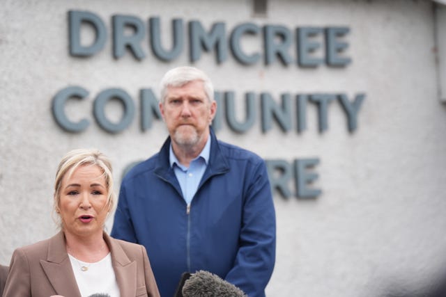 First Minister Michelle O’Neill, with John O’Dowd MLA during a visit to Portadown