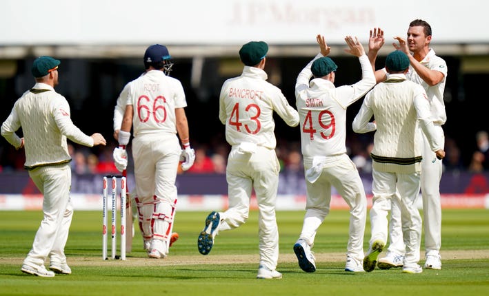 Australia’s Josh Hazlewood celebrates taking the wicket of England’s Joe Root