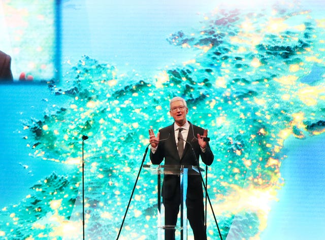 Apple boss Tim Cook addresses an event at the National Concert Hall in Dublin