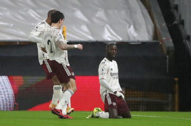 Nicolas Pepe (right) celebrates scoring Arsenal''s opener