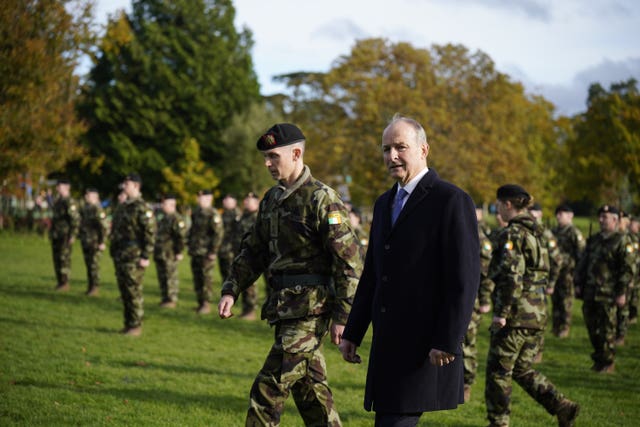 Tanaiste Micheal Martin reviewing the 123rd Infantry Battalion at Kilkenny Castle, prior to their deployment