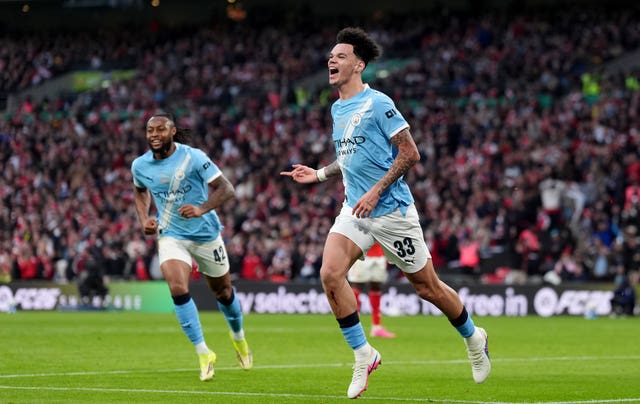 Manchester City’s Nico O’Reilly celebrates scoring his first goal in the Carabao Cup final