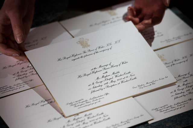 Invitations for Prince Harry and Meghan Markle's wedding in May, after they have been printed at the workshop of Barnard and Westwood in London (Victoria Jones/PA)