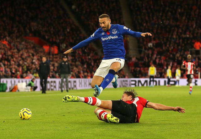 Southampton’s Jannik Vestergaard tackles Everton’s Cenk Tosun