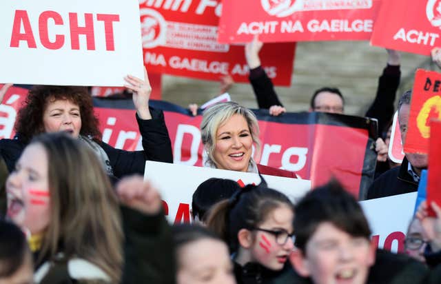 Sinn Fein leader in Northern Ireland Michelle O’Neill joins Irish language act campaigners (Brian Lawless/PA)