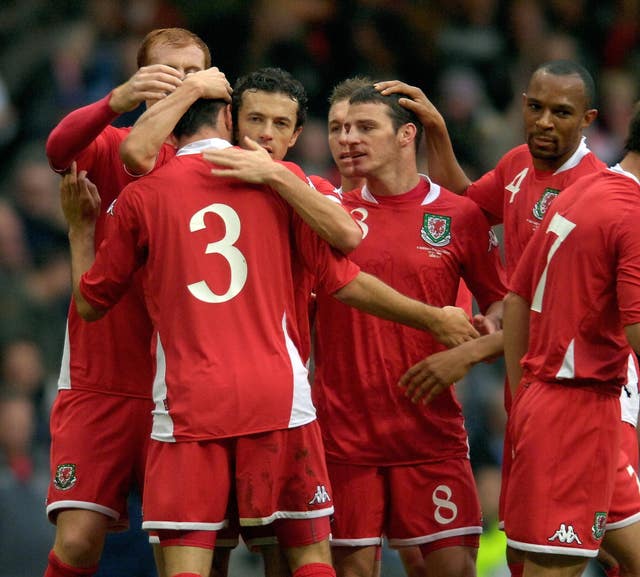 Wales players celebrate after Jason Koumas scores during a 202 Euro 2008 qualifier draw at the Millennium Stadium in November 2007