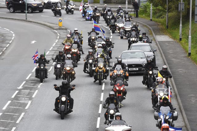 Riders from Rolling Thunder UK join the cortege towards St Andrew’s Church in Plymouth for the funeral of Dennis Hutchings, who died after contracting Covid-19 while he was in Belfast to face trial over a fatal shooting incident in Co Tyrone in 1974