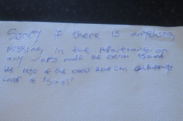 A handwritten note left by Salman Abedi when he took on a short-term rental of a one-bedroom apartment in Granby House, central Manchester
