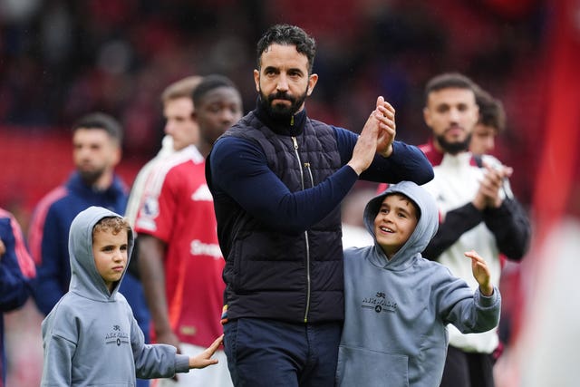 Ruben Amorim applauds the Manchester United fans after the season-ending win over Aston Villa