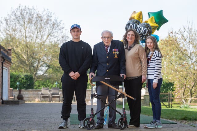 Captain Tom Moore and family at his home in Marston Moretaine, Bedfordshire