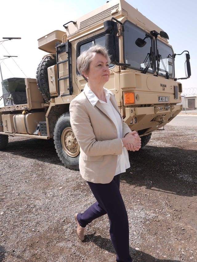 Foreign Secretary Yvette Cooper during a visit to a British military base on the edge of Riyadh in Saudi Arabia