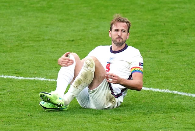 England's Harry Kane went down under a challenge in the second half