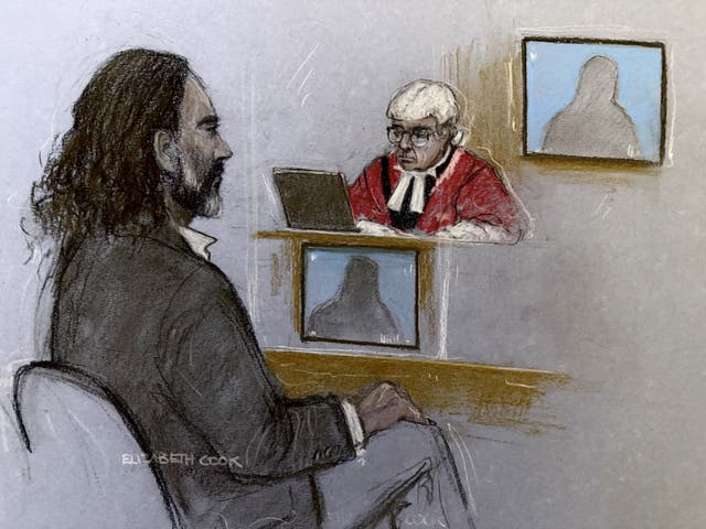 Court artist sketch of Russell Brand appearing in the dock listening to his third accuser in a pre-recorded police interview